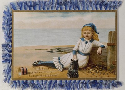 Ragazza giovane con il suo cane vicino al mare, cartolina di Natale e Capodanno vittoriana da English School